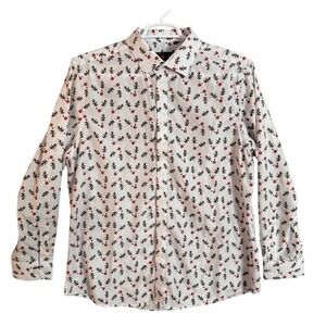 Simon Banks Mens XL Christmas Reindeer Holiday Button Up Shirt Long Sleeve White